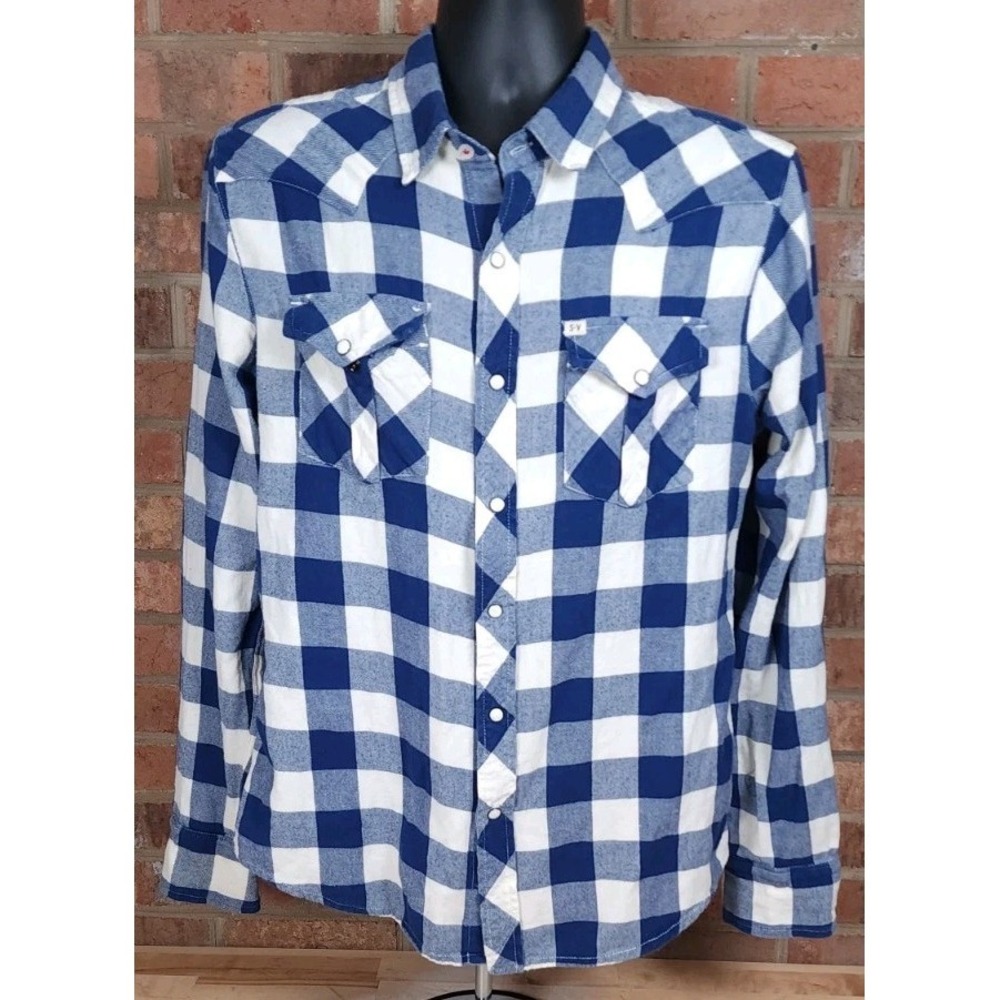 Salt Valley Pearl‎ Snap Western White Blue Plaid Mens Large Long Sleeve Shirt